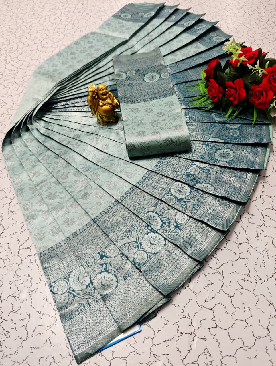 Soft Silk Printed Saree With Unstitched Blouse - Silver Blue